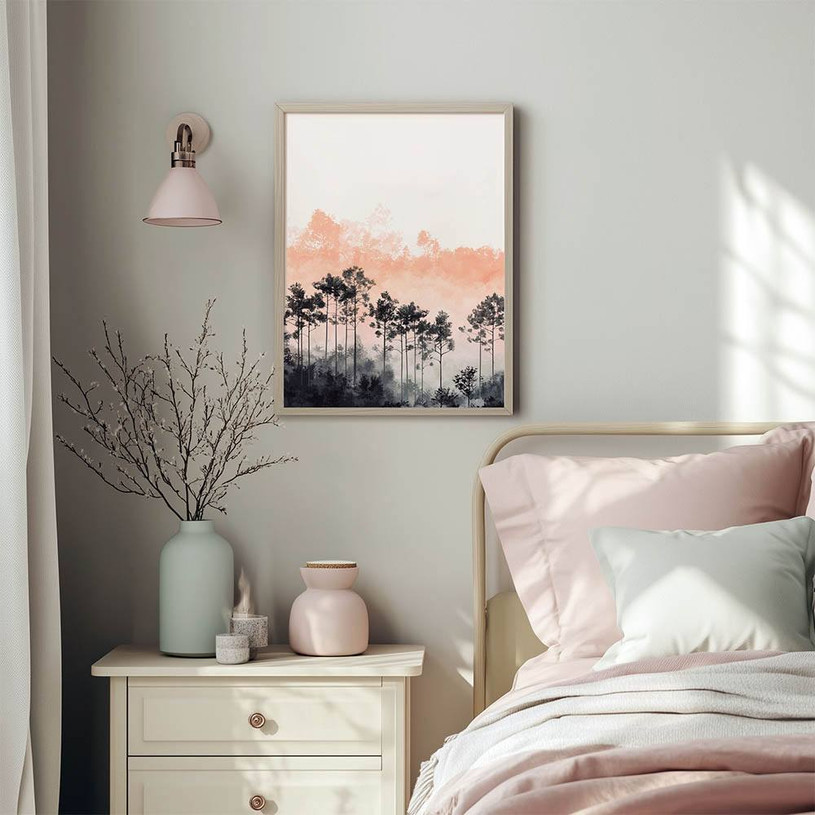 Tranquil forest landscape with mist and moody autumn tones — peaceful and atmospheric wall art.