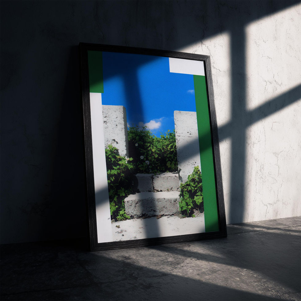 Art print of stone steps with green foliage and white flowers against a vivid blue summer sky.