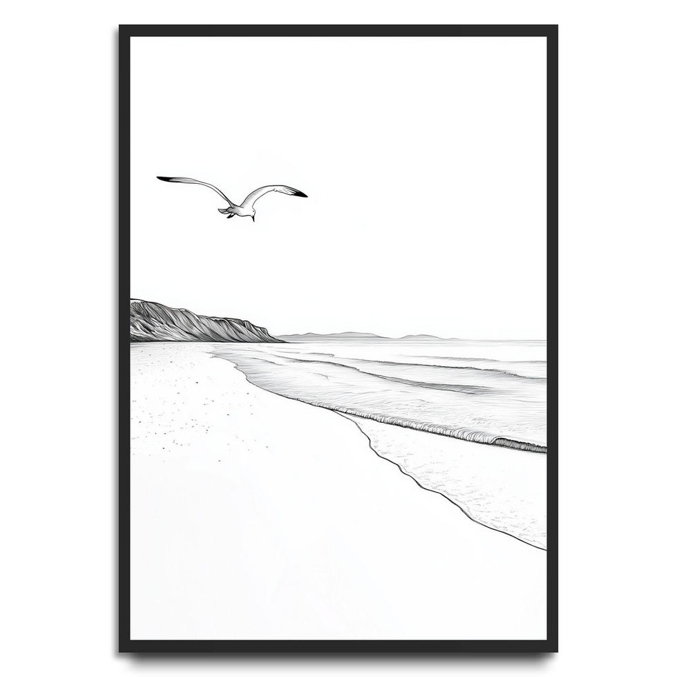 Black and white line drawing of a quiet beach with a flying seagull and distant cliffs – minimalist coastal art print.