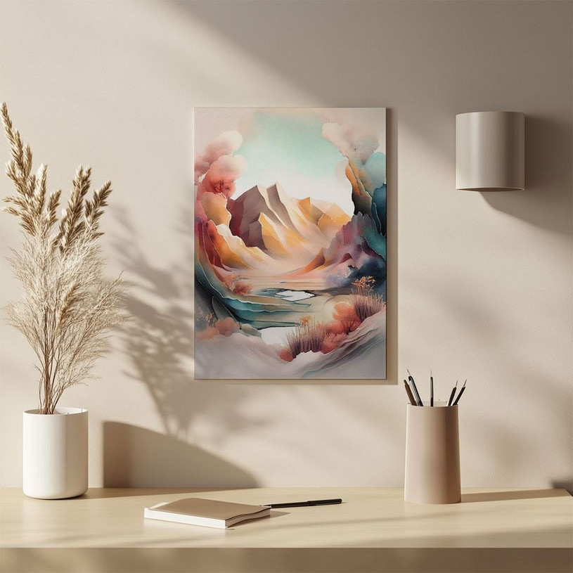 Abstract pastel mountain landscape with a river and swirling clouds.