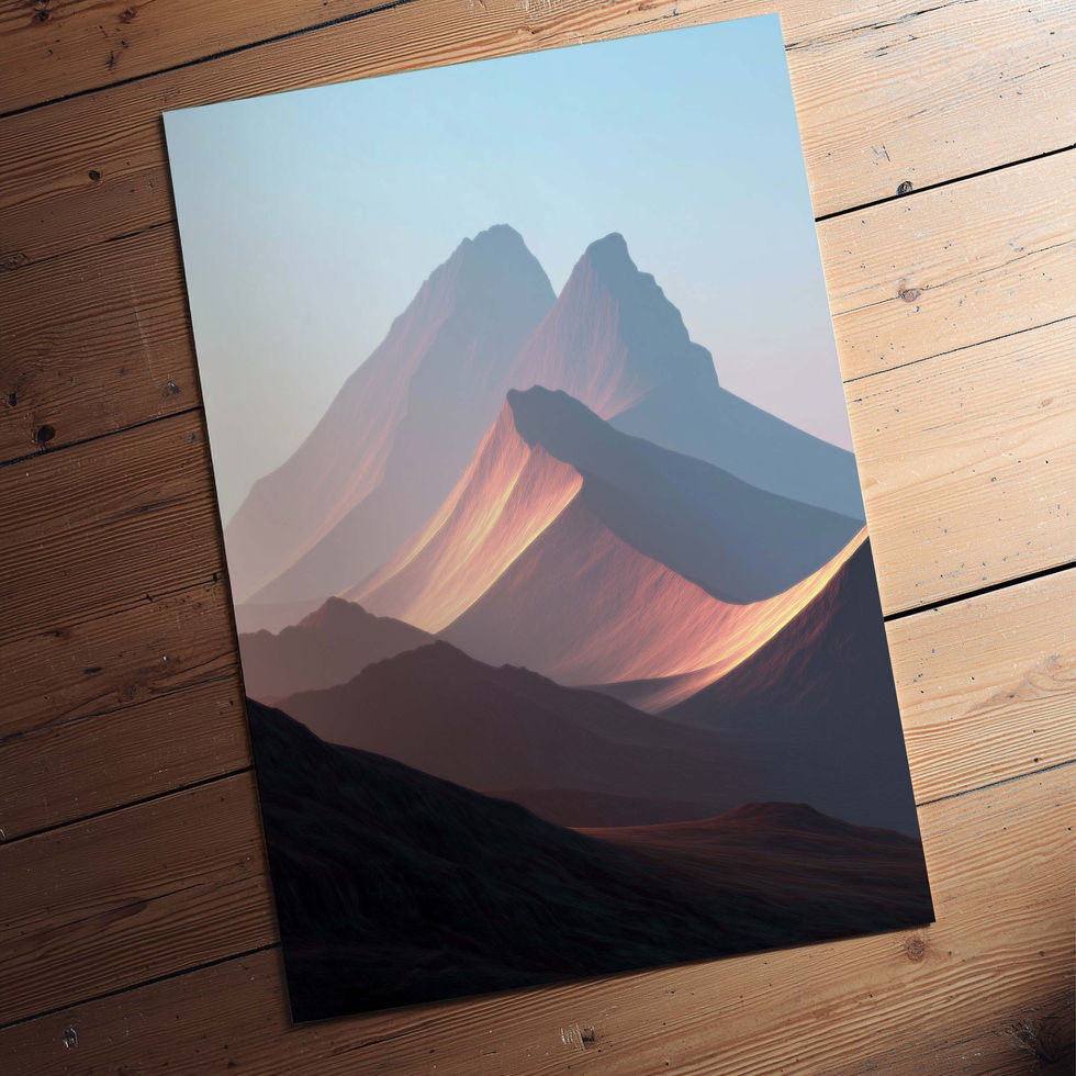 Minimal landscape art print of layered mountains with warm golden light and soft blue sky.