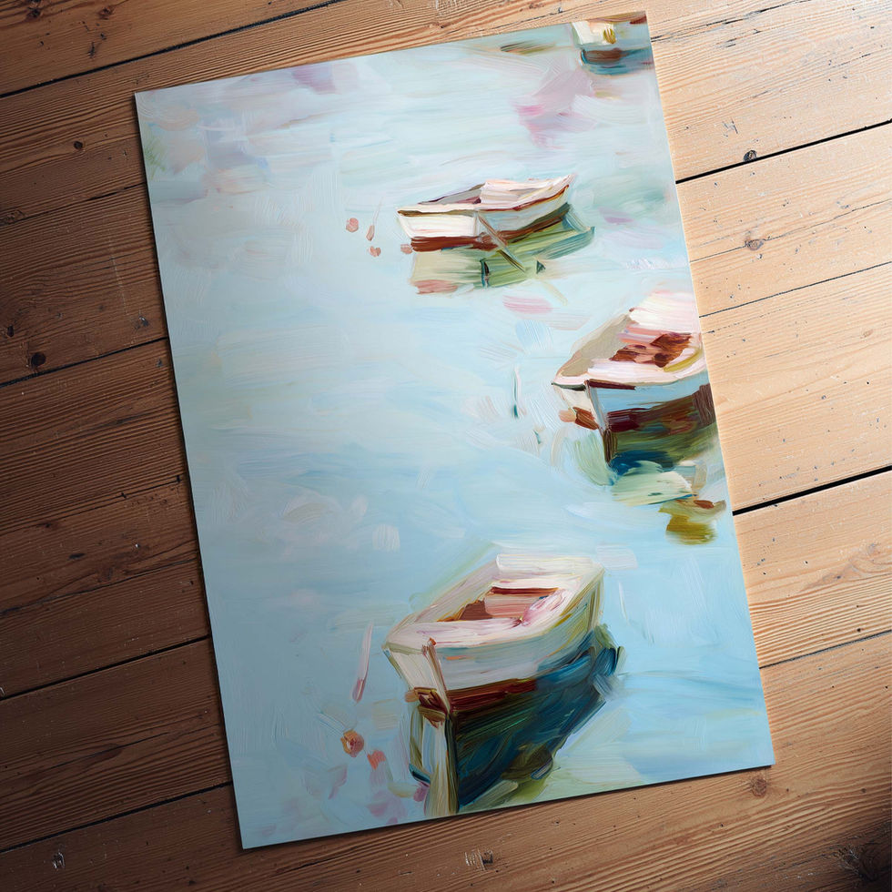 Watercolour art print of three small boats floating on soft blue water.