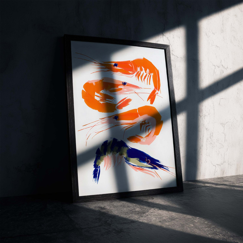 Modern art print of four colourful prawns painted in bold orange and blue brush strokes.
