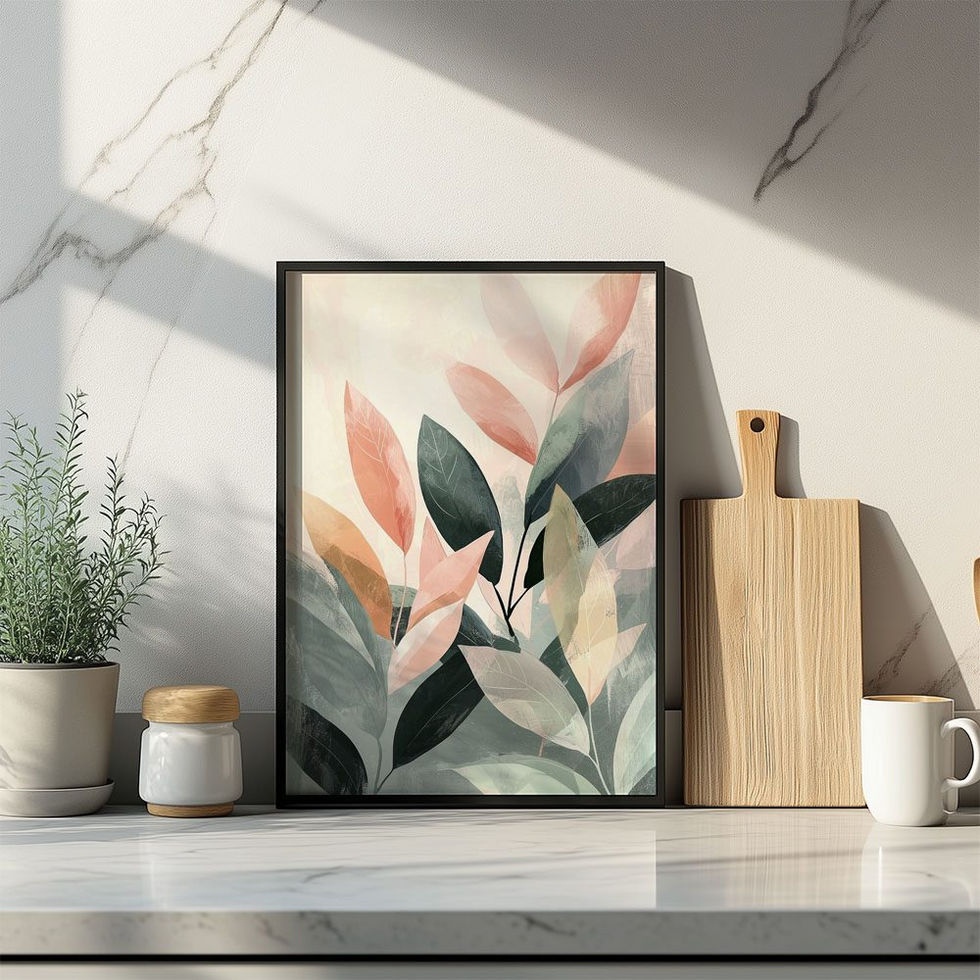 Watercolour-style illustration of layered pink, peach, and green leaves