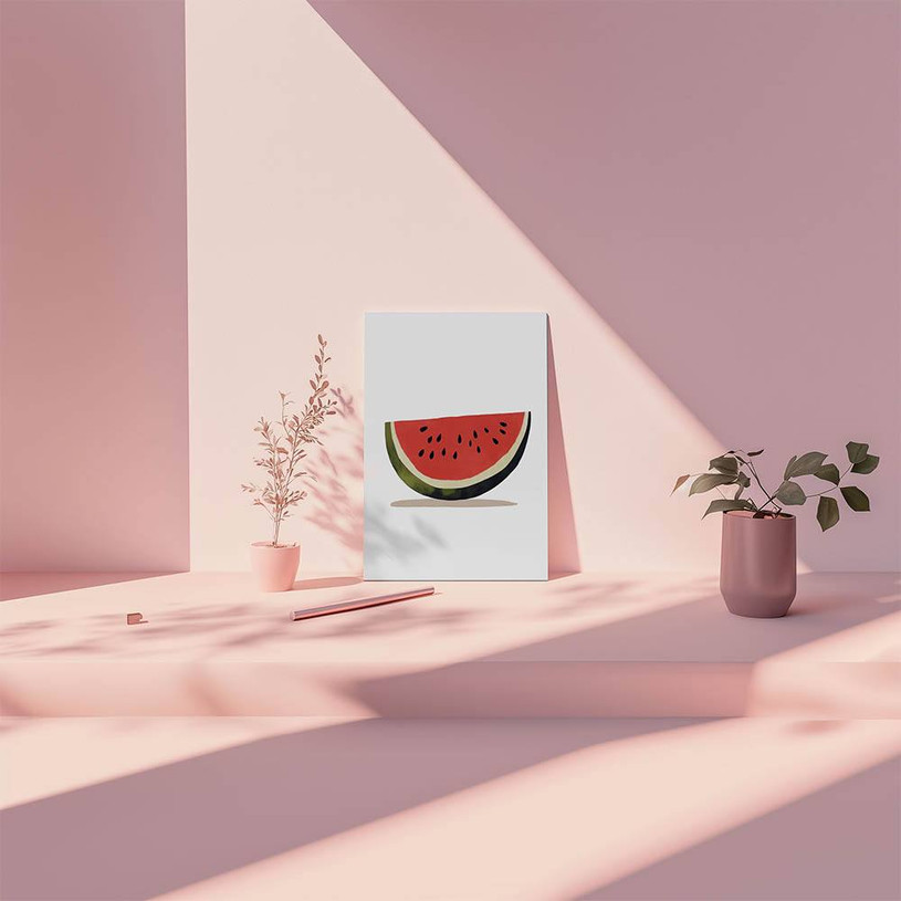 Minimalist watermelon slice illustration on a white background with subtle shadows, bold red, green, and black tones.