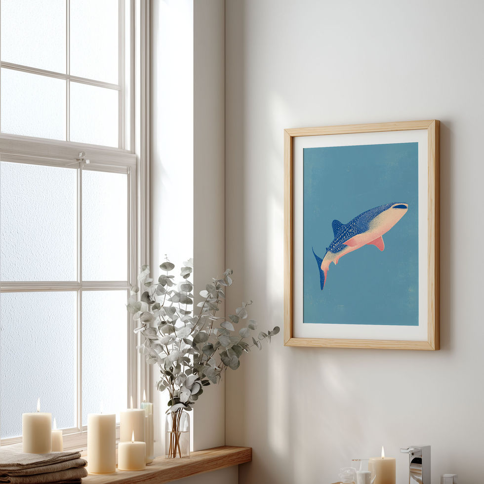 stylised whale shark illustration in blue and coral tones ocean wall art print