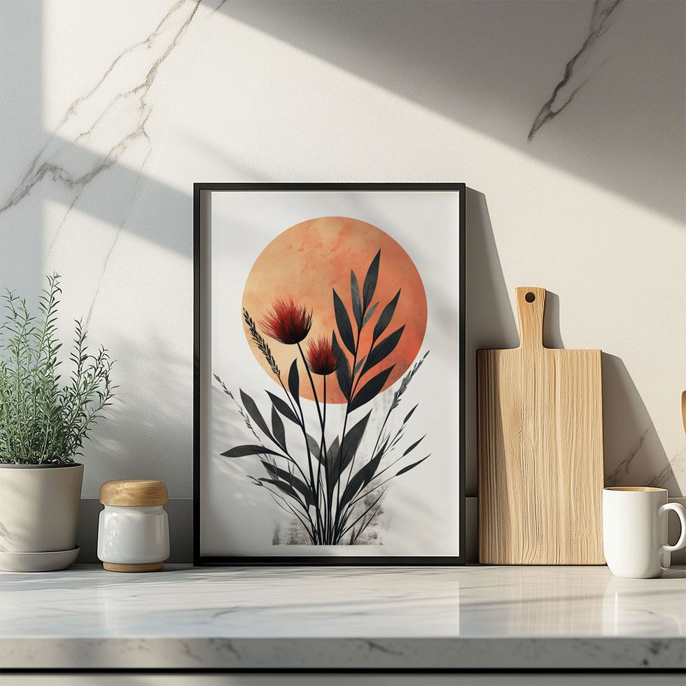Illustration of dark floral silhouettes in front of a large orange sun