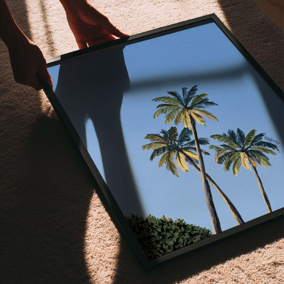 Tall palm trees against a clear blue sky, minimalist tropical art print
