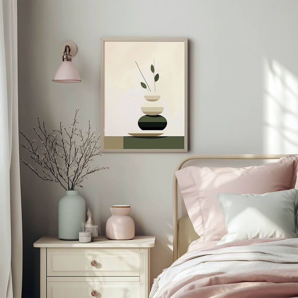 Abstract zen illustration of stacked stones with incense sticks and olive branches in beige and green tones.