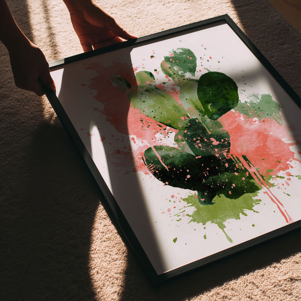 Watercolour cactus art print with green tones and coral abstract paint splashes
