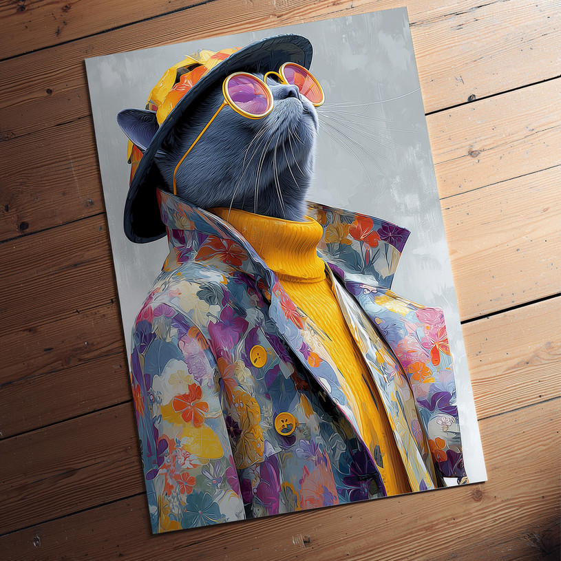 Art print of a cat wearing sunglasses, a yellow turtleneck, and a colourful floral coat.