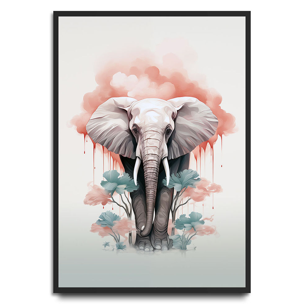 Elephant facing forward with abstract coral paint splashes and teal leaves – artistic and modern wildlife art print.