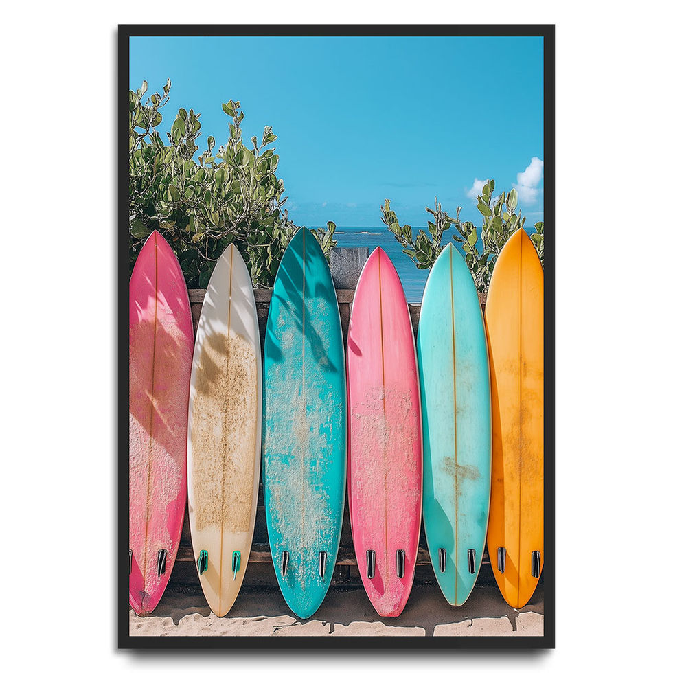 Colourful row of surfboards lined up against a tropical backdrop
