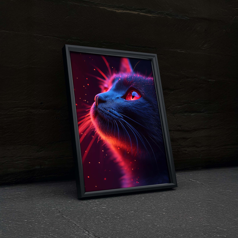 Neon blue and red cat portrait with glowing lighting, cyberpunk style art print