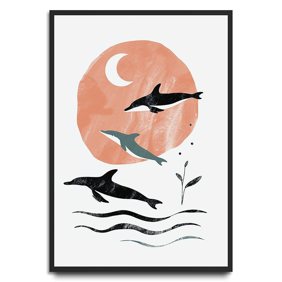Minimalist marine wall art featuring dolphins under a moonlit sky — modern and whimsical.