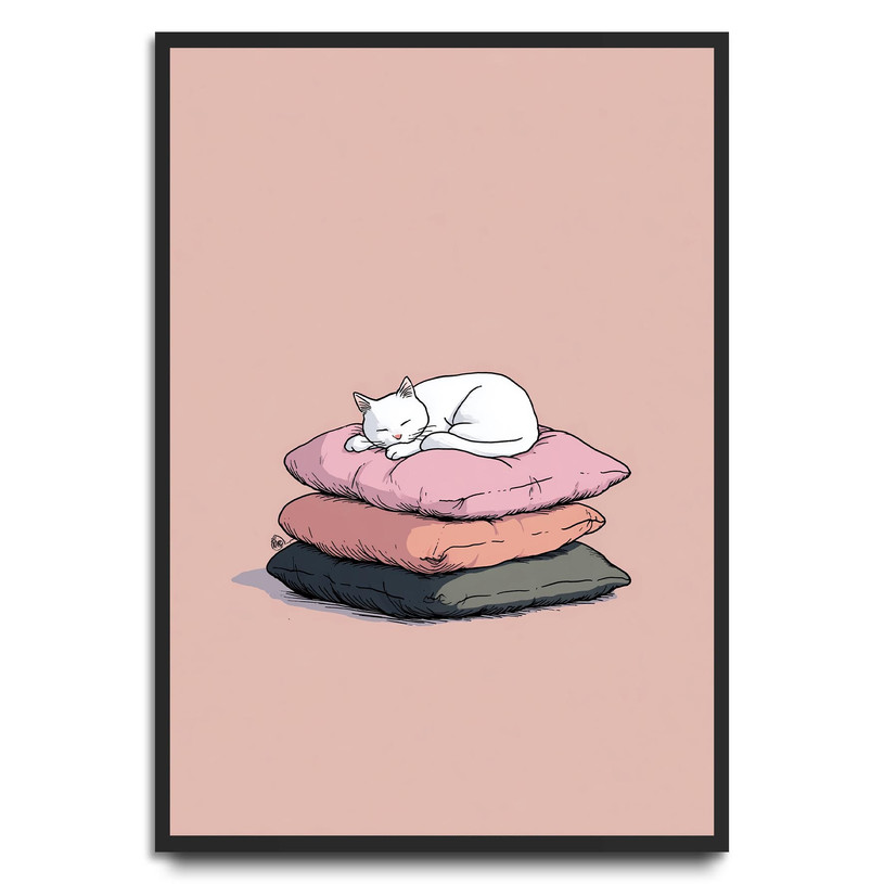 Illustration of a white cat sleeping on a stack of cushions with a pastel background.