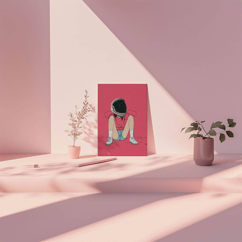 Illustration of a girl wearing an astronaut helmet, sitting against a pink background with legs outstretched.