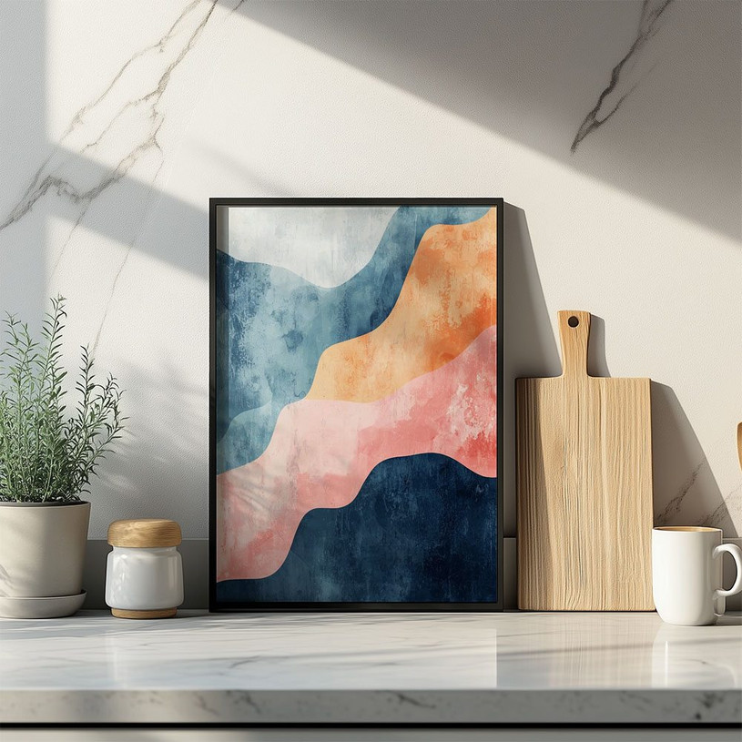 Abstract painting with wavy bands of blue, orange, pink, and white