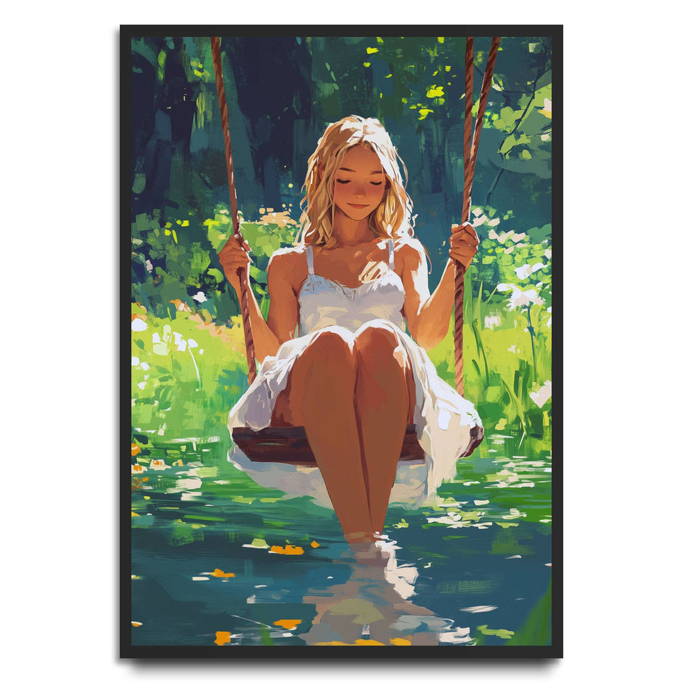 Woman in a white dress gently swinging over water in a sun-dappled forest – tranquil and romantic nature-themed art print.