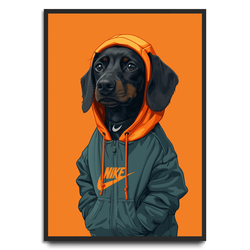 Dachshund wearing an orange hoodie and green Nike jacket on bold orange background, minimalist streetwear art print.