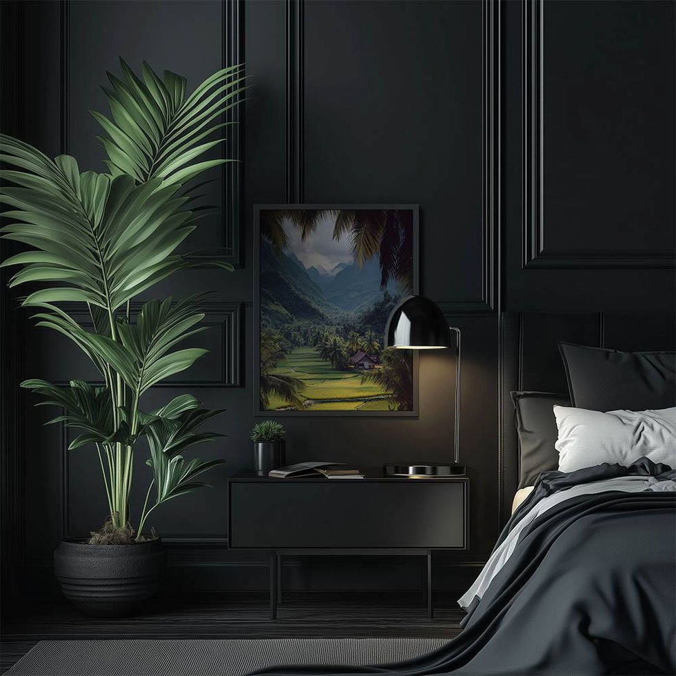 Green valley with mountains and a house, framed by palm trees.