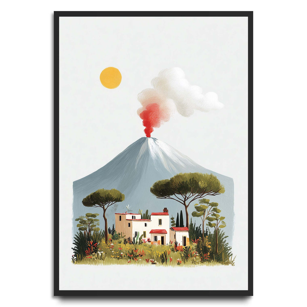 Illustrated village scene with erupting volcano and warm painterly tones, landscape art print