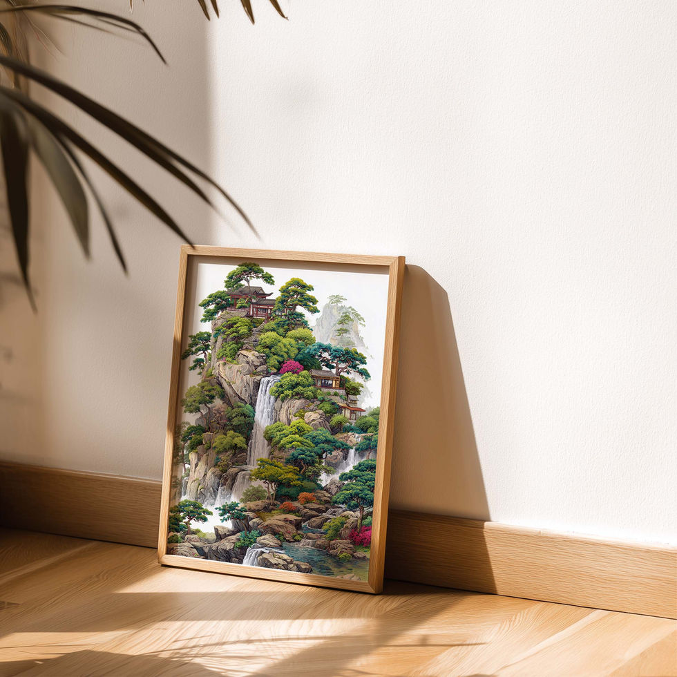 Detailed fantasy waterfall landscape with lush greenery and architecture, art print