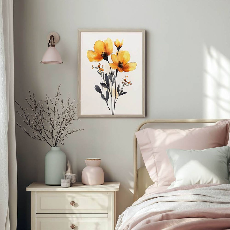 Watercolour painting of yellow flowers with delicate grey-green stems and leaves.