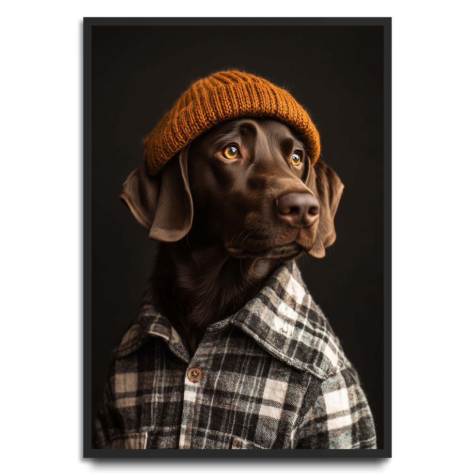 Portrait art print of a spaniel wearing a knitted hat and winter clothing.