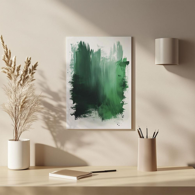Abstract painting with dark green and black blended brushstrokes