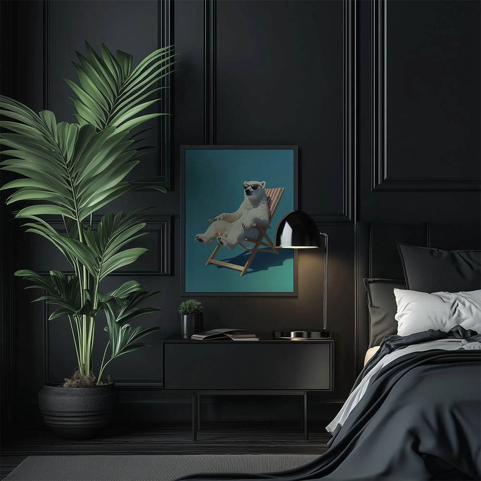 Cartoon-style polar bear reclining in a striped deck chair on a blue background.