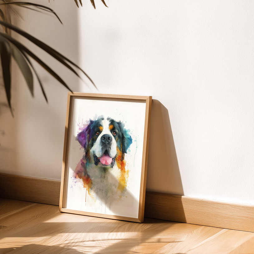 Colourful watercolour Saint Bernard portrait with vibrant rainbow paint splashes