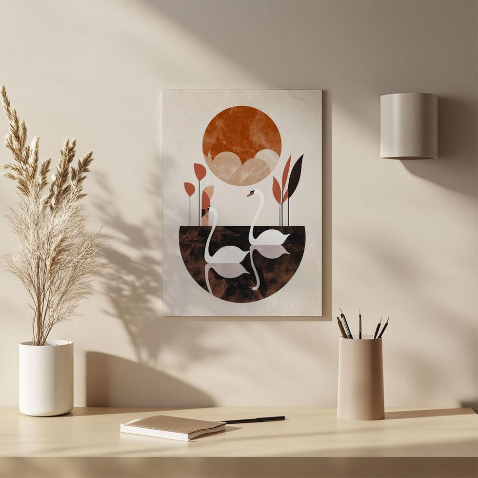 Elegant swan print with abstract shapes and earthy tones — serene and symbolic nature-inspired art.