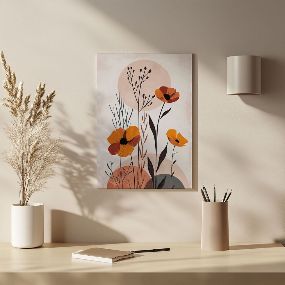 Orange and yellow poppies with abstract circles and minimalist botanical elements.