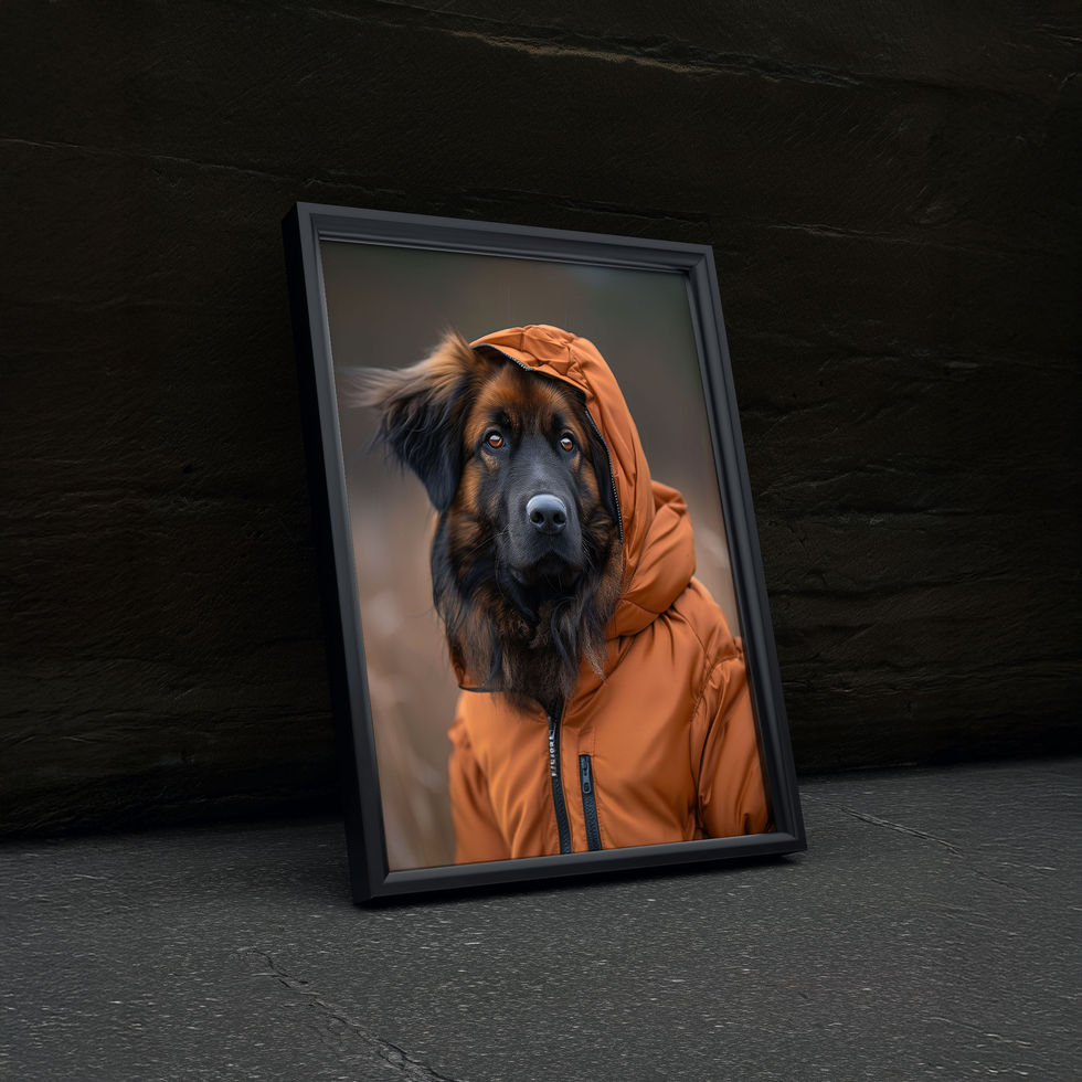 Long-haired dog wearing a brown hooded jacket outdoors, modern pet portrait art print