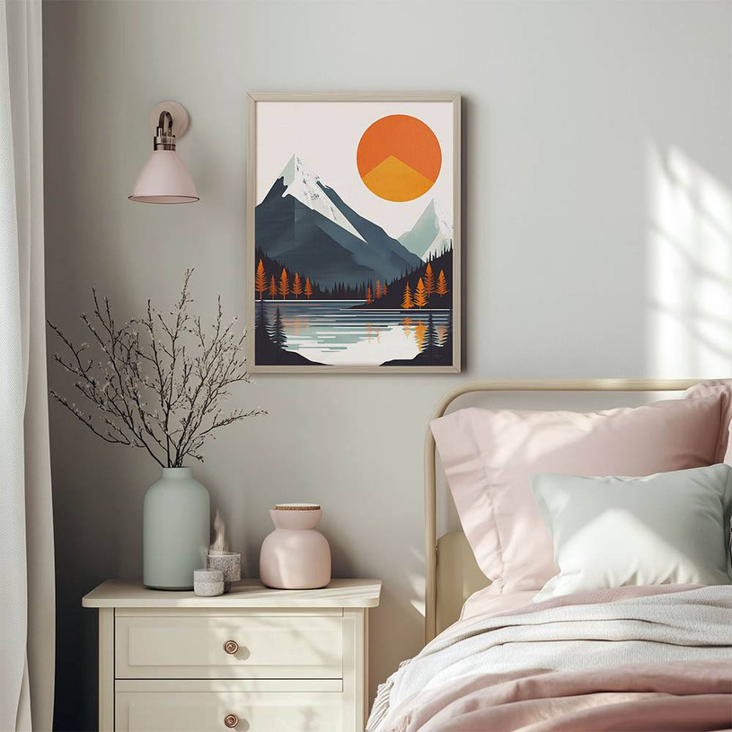 Geometric mountain scene with lake reflection and large orange sun in the sky