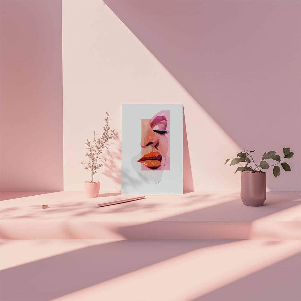 Abstract portrait artwork of a woman's face with closed eyes and red lips in pink and peach colour blocks.