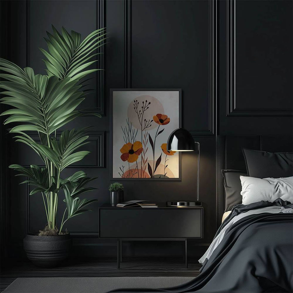 Orange and yellow poppies with abstract circles and minimalist botanical elements.
