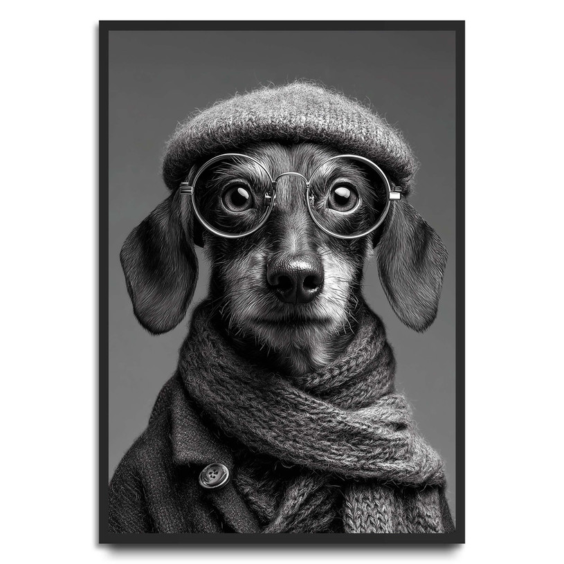 Black and white portrait art print of a dachshund wearing glasses, a hat and scarf.