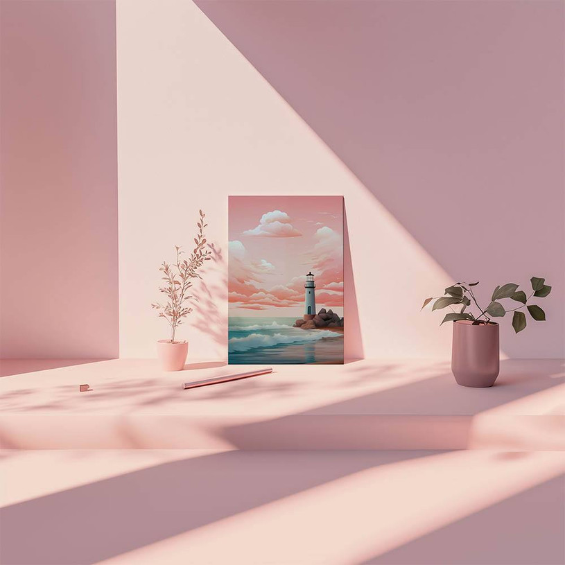 Pastel coastal lighthouse with waves and soft clouds in a serene seascape.