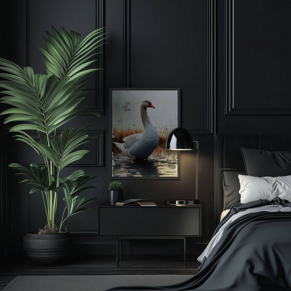 White goose standing in a pond with the phrase “You silly goose” in the background – humorous and charming animal art print.