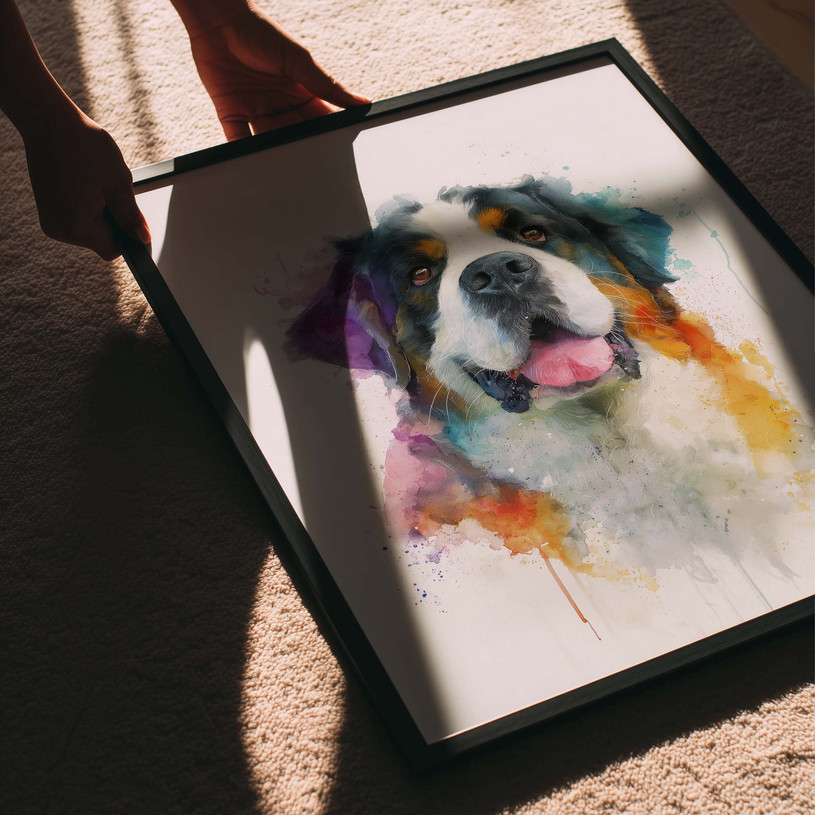 Colourful watercolour Saint Bernard portrait with vibrant rainbow paint splashes