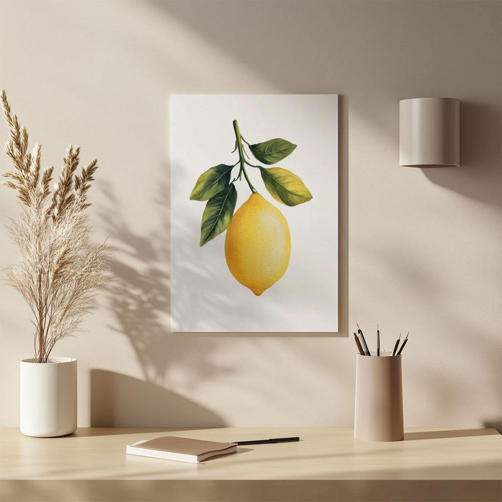 Illustration of a yellow lemon hanging from a branch with green leaves on a white background.