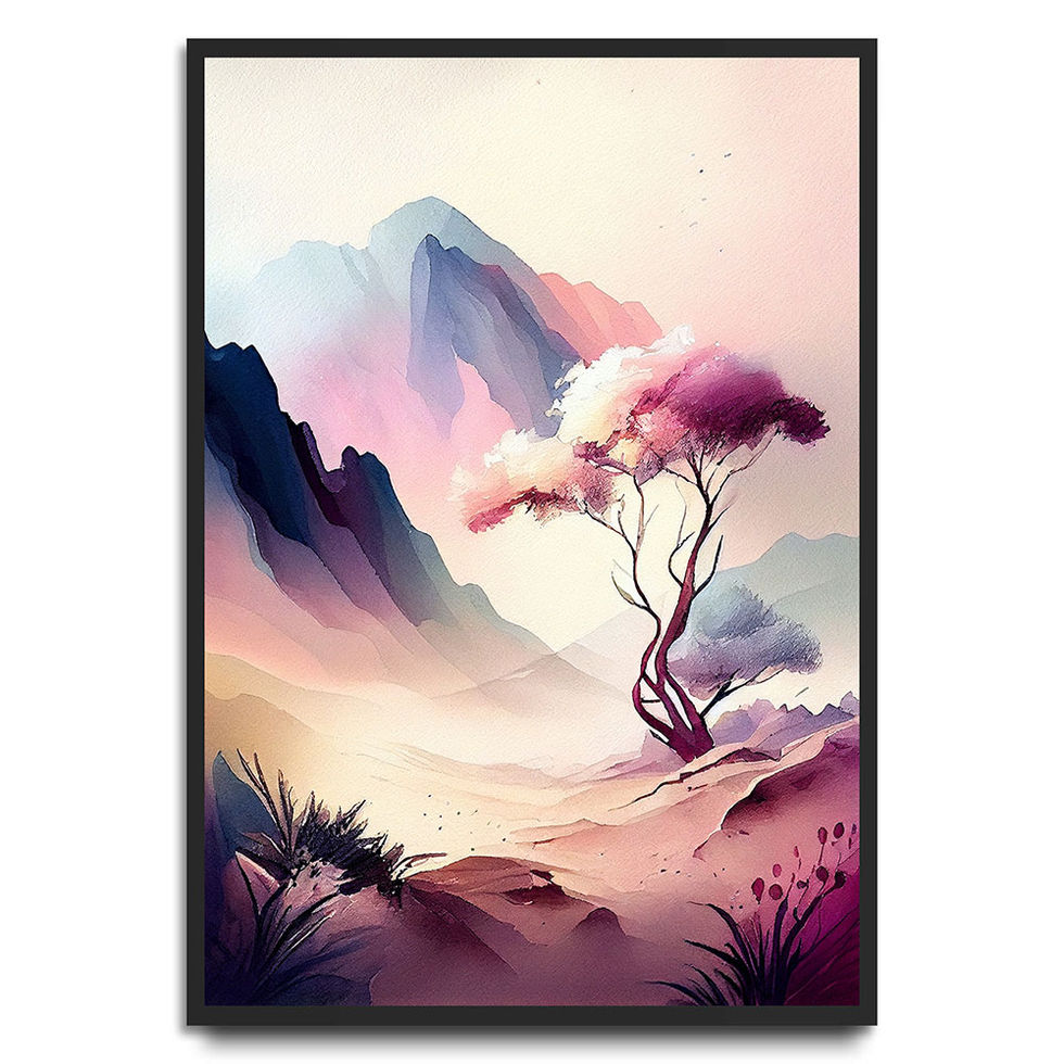 Pastel landscape with pink mountains and a whimsical tree in soft purple and pink hues.