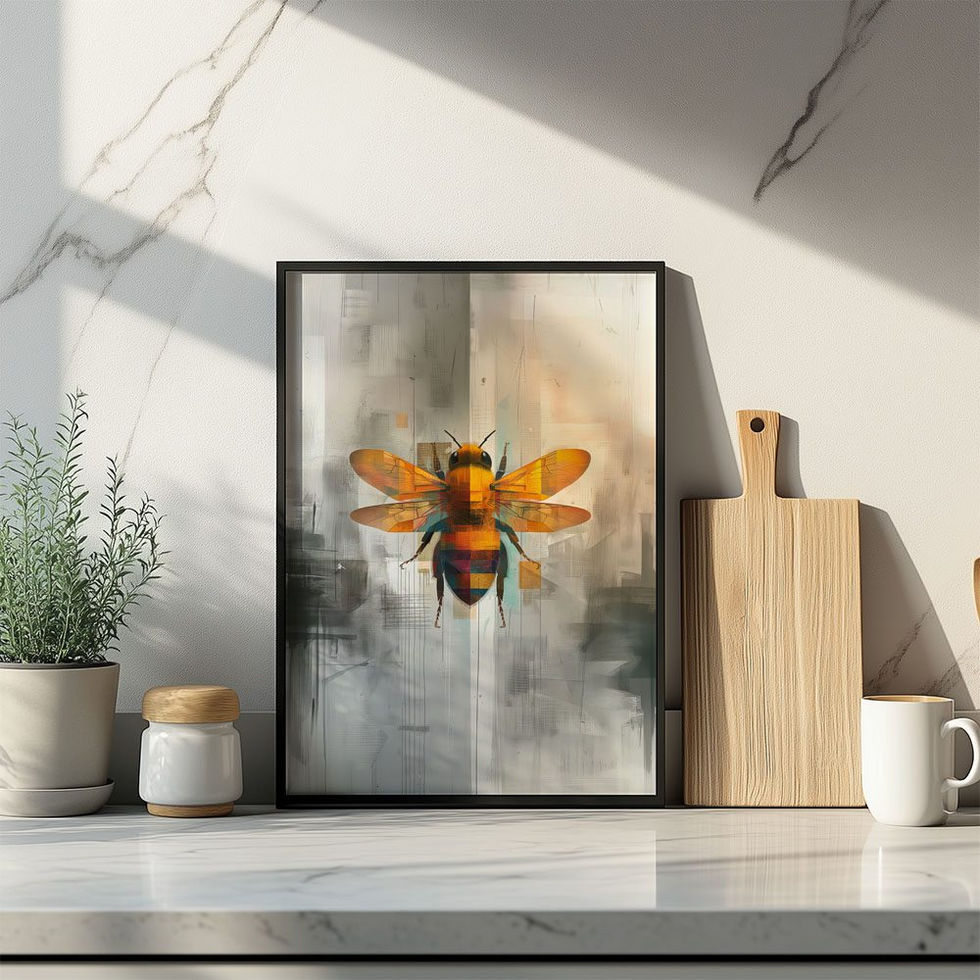 Orange and yellow bee illustration with abstract grunge background – modern vibrant wall art print.