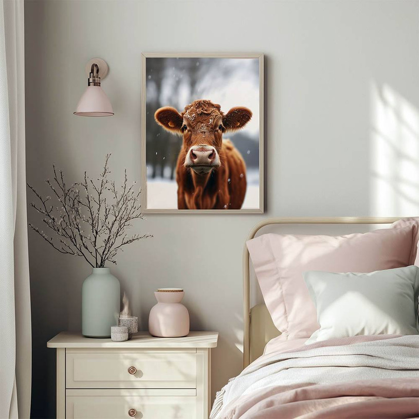 Close-up portrait of a brown cow standing in the snow with a blurred winter forest background.