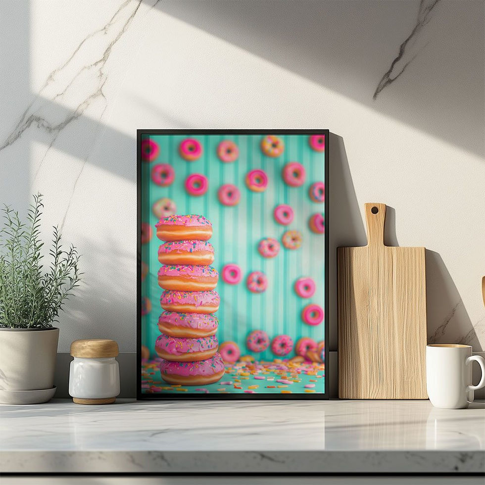 Fun and vibrant donut art print with a candy-pink and teal theme, ideal for kitchen or café decor.