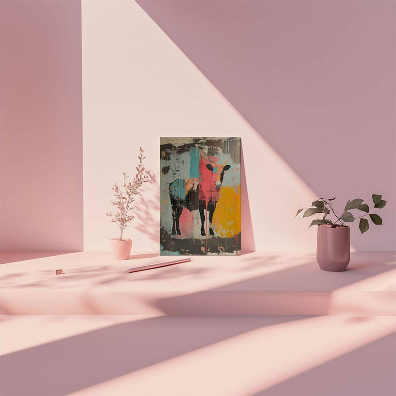 Quirky and bold cow art with a colourful pop-art edge — expressive and rustic.