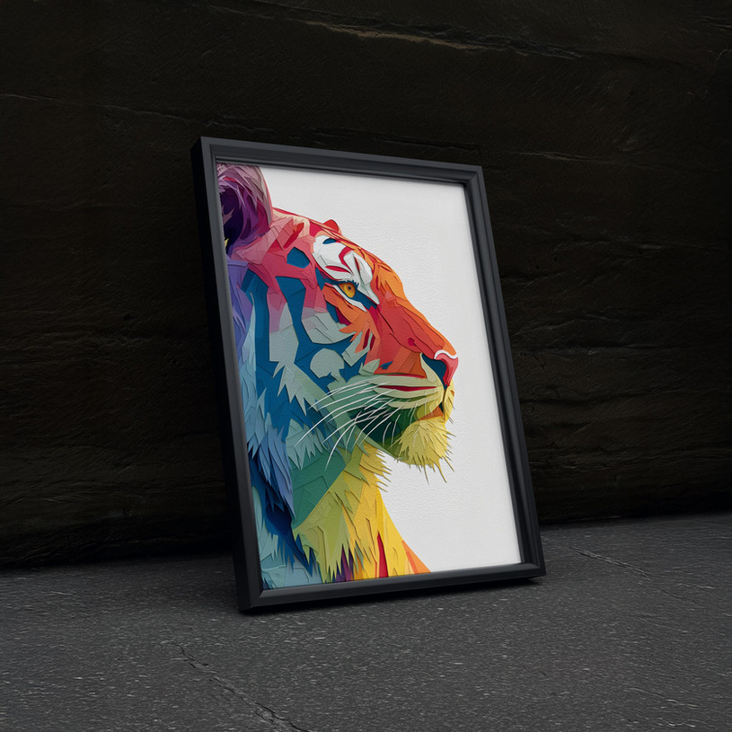 Geometric rainbow tiger art print with bold, colourful shapes creating a modern wildlife portrait.