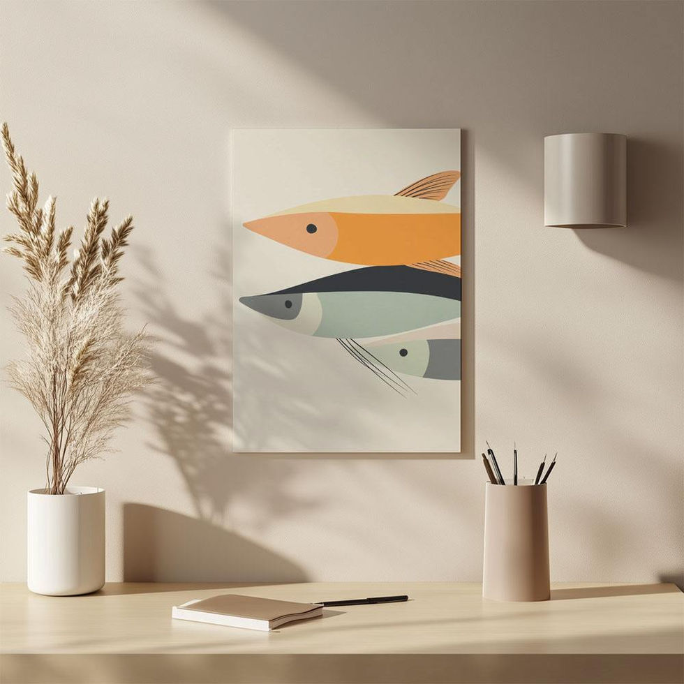 Minimalist illustration of three stylised fish in orange, grey, and green